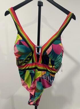 ⁠TRINA TURK Sz 12 Tropical Stripe Plunge One Piece Swimsuit NWT $162⁠